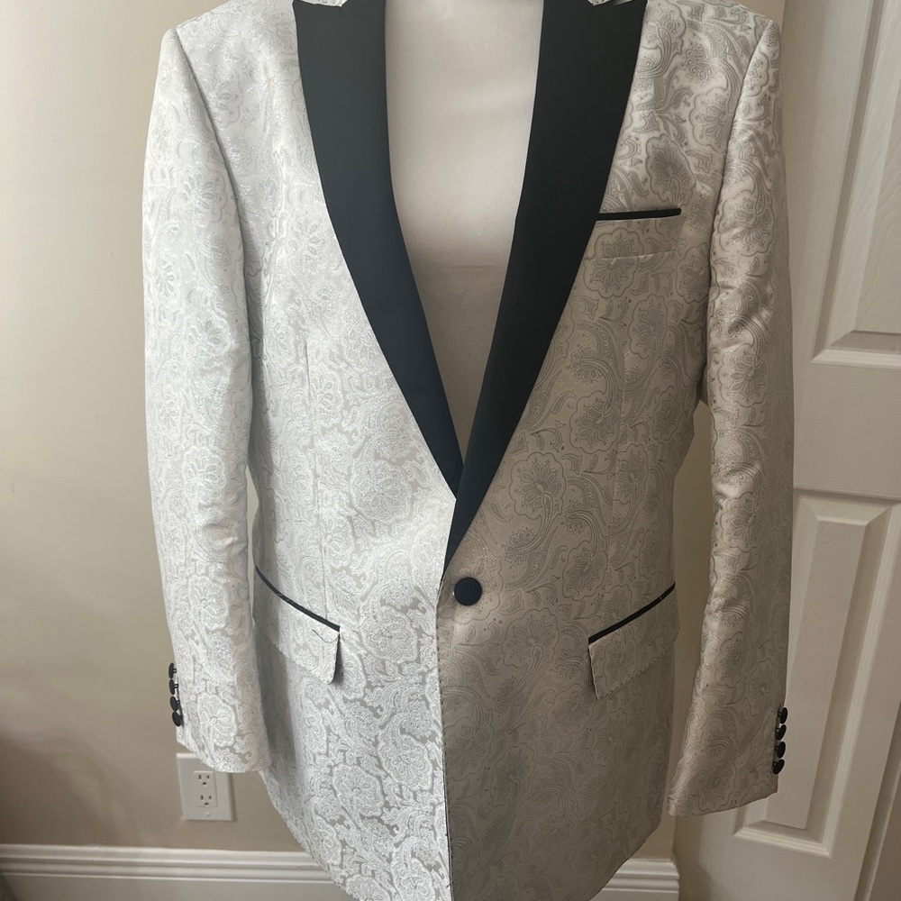 Elegant White and Black Men's Bling Blazer Garment Bag included.